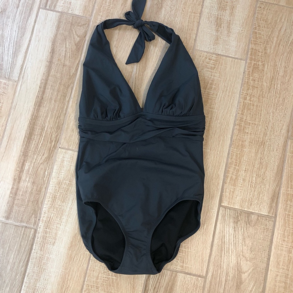 Lands End one piece swim suit grey sz 12 bathing suit tie neck